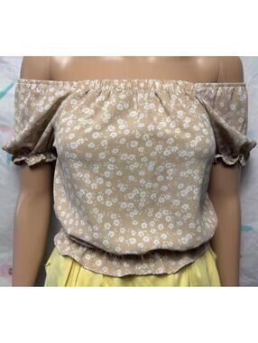 Beige Floral Off Shoulder Top with Elastic Waist and short Sleeves size 14L